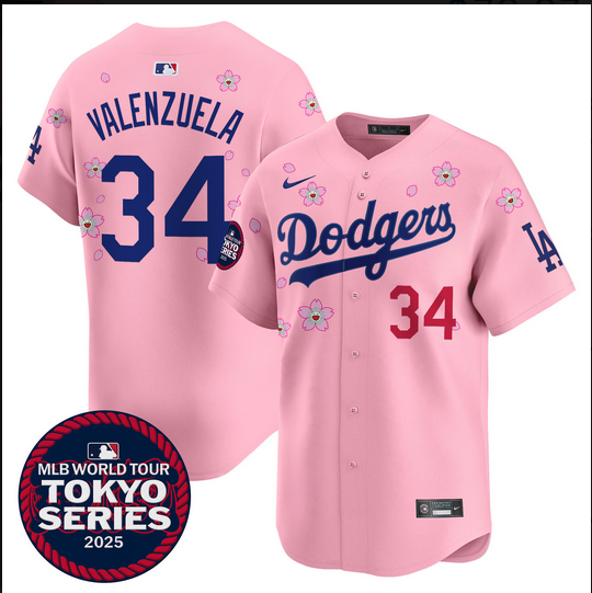 Men Los Angeles Dodgers #34 Valenzuela Tokyo Series 2025 pink Limited Stitched Jersey->los angeles dodgers->MLB Jersey